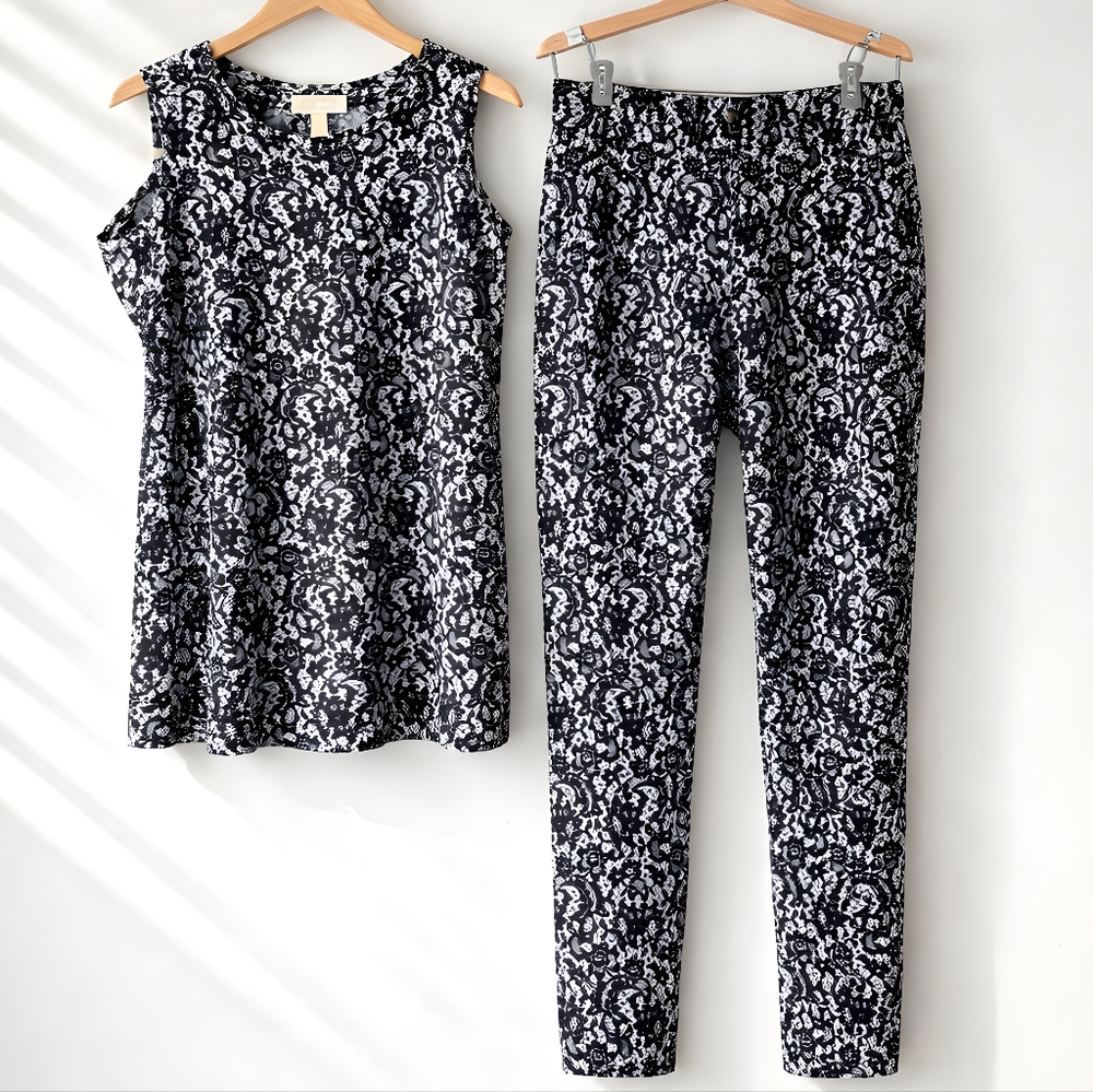 Michael Kors Womens Black and White Lace Patterned Top/Pant Bundle-Top S/Pant M‎
